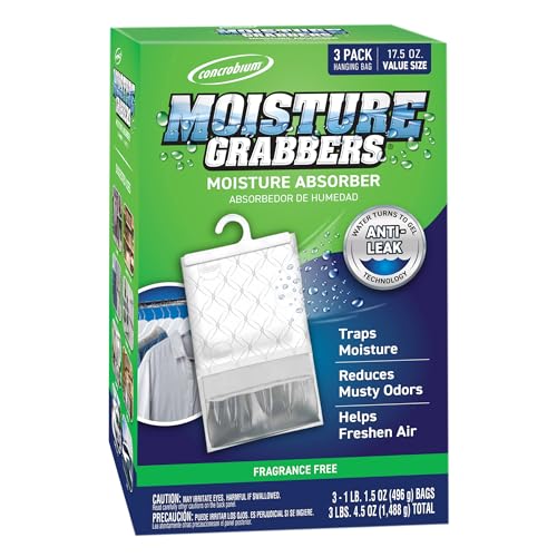 Concrobium Moisture Grabbers 3-Pack 17.5 oz Bags (Fragrance-Free) Powerful Moisture Absorber with Anti-Leak Gel Covers Up to 350 cu ft Eliminates Musty Odors for Fresher Air