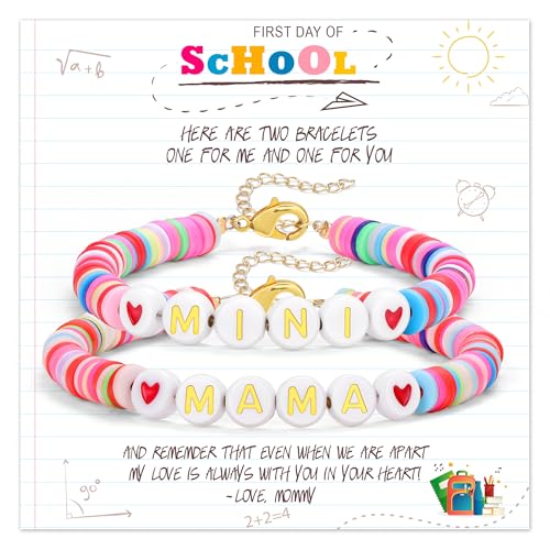 Image of Back To School Gifts for Mom and Daughter Mama and Mini Braclets First Day of School Mommy and Me Bracelet Heart Clay Bead Bracelets