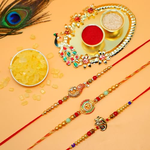 Image of JAIPUR ACE Raksha Bandhan Rakhi Gift Combo with Designer Rakhi, Puja Thali, 2 Katori Bowls, Roli Kumkum & Greeting Card for Brother, Bhai, Bhaiya | Complete Celebration Set