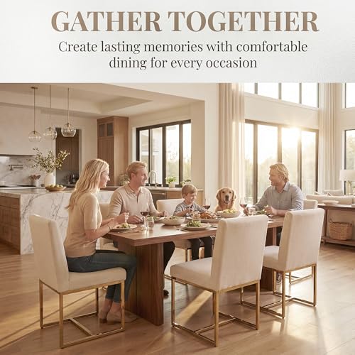 Image of HNY Modern Dining Chairs Set of 2, Upholstered Linen Dining Room Chairs with Ergonomic Back & Polished Gold Metal Frame for Home, Kitchen, Apartment, Cream