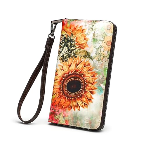 Womens Wallet RFID Credit Card Holder Travel Leather Zipper Wallets for Women Sunflowers