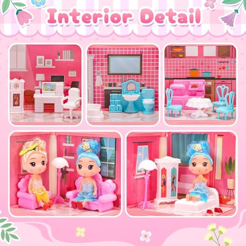 Image of Dollhouse with 4-Story 11 Rooms, Dream Gift Princess Doll House Playset with Furniture Pool Slide, Pink Toddler Toy House for 3 4 5 6 7 8 9 10 Year Old Girls