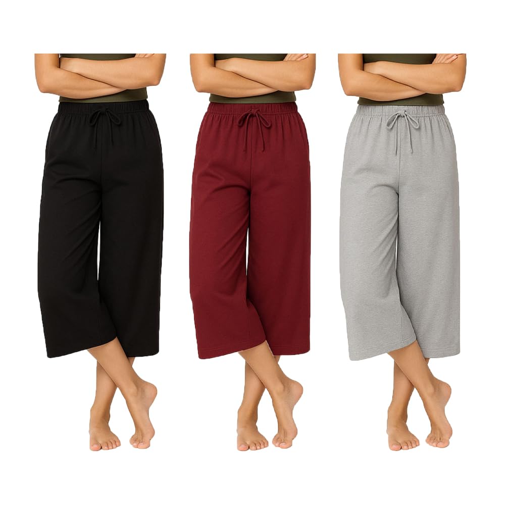 Womens Cotton 3/th Capri Trousers For Girls Black,Grey, Marrone 3Pack-picture-41