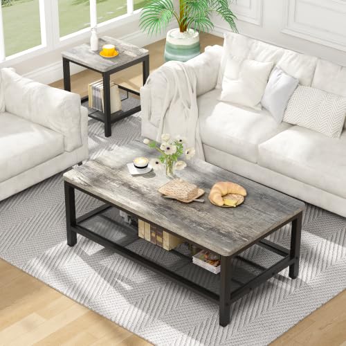 Image of 3-Piece Coffee Table and End Table Sets for Living Room, Industrial Coffee Table Set of 3 with Storage, Modern Farmhouse Rustic Living Room Table Set for Apartment Home Office