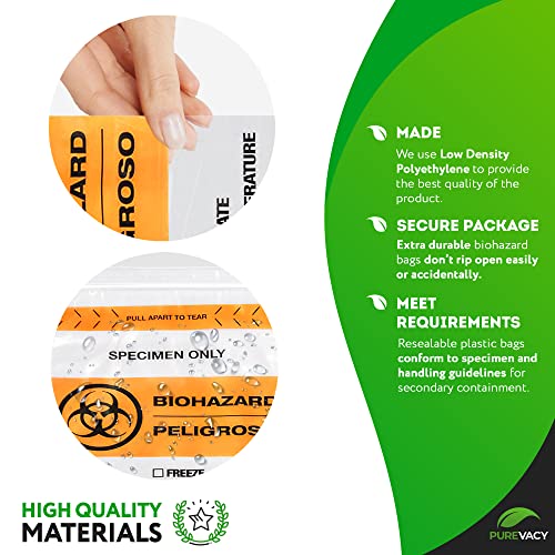 Image of Biohazard Specimen Bags, 12 x 15 Inches. Pack of 100 Clear Orange Biohazard Bags. 3-Wall Polyethylene Speciman Bag, 2 Mils. Waterproof Plastic Bag with Pull-to-Tear Zipper and Hazard Sign