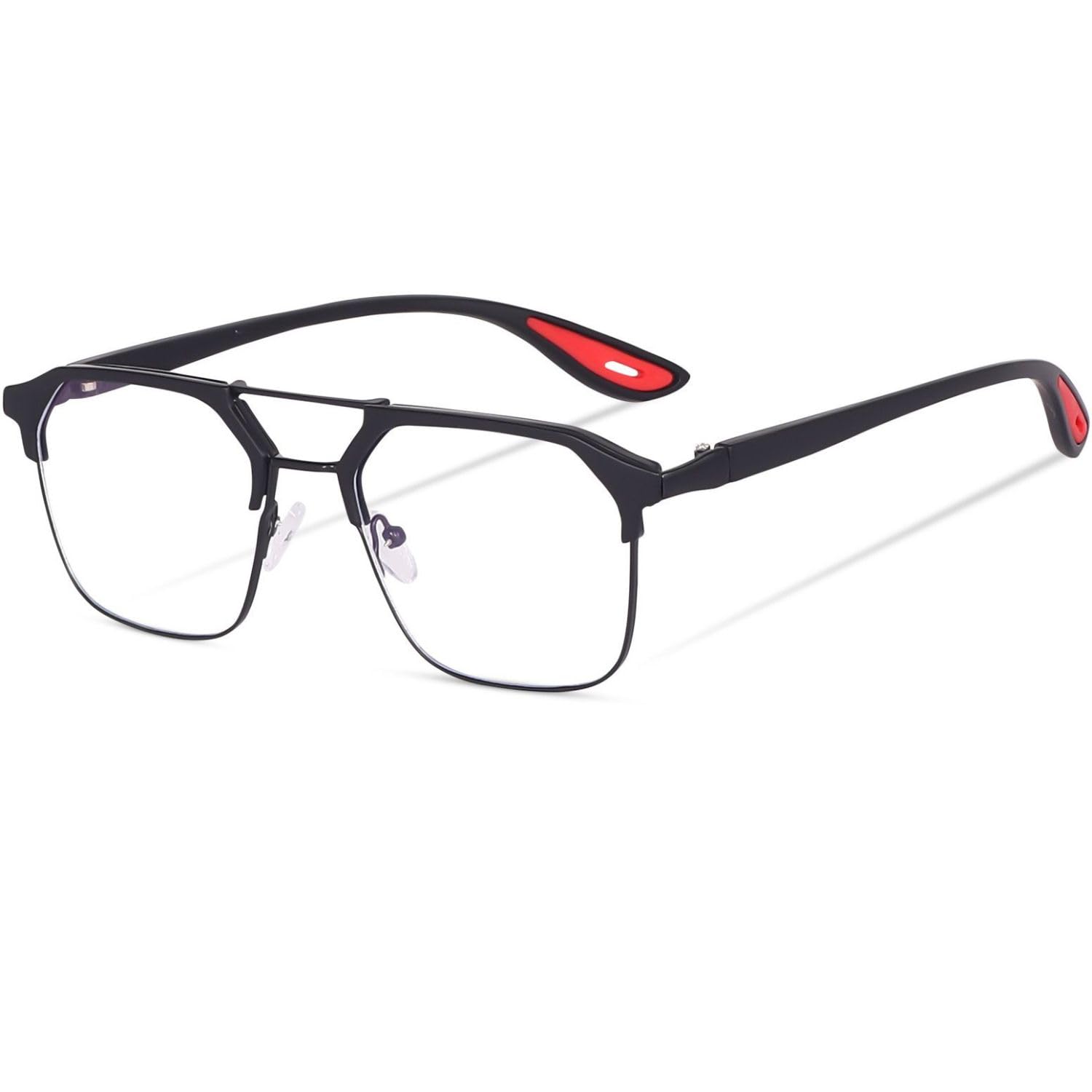 computer glasses for men anti-reflective clubmaster square frame | metal & polycarbonate frame, acrylic lens, double bridge design, red rubber accents, 50mm lens width