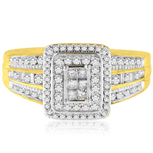 Original Classics 10K Yellow Gold Round, Baguette and Princess Diamond Square Ring (0.80 Cttw, H-I Color, SI2-I1 Clarity) - Size 7-1/4