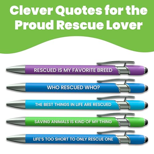 Image of Funny Cat & Dog Rescue Lover Gift Pen Set - 5 Black Ink Ballpoint Pens with Stylus Tip & Quality Metal Barrel with Fun Quotes - Gifts for Dog Moms, Cat Lovers, Animal Advocates, Fosters & Volunteers