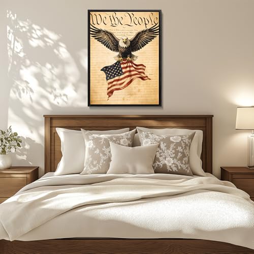 Image of American Flag Framed Canvas Wall Art, 4th of July Red White Blue Canvas Prints, USA Flag with Bald Eagle Patriotic Decorations, Vintage Independence Day Wall Decor for Bedroom Living Room 11x14