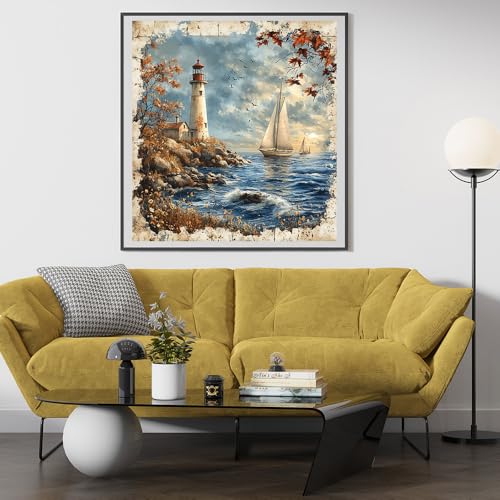 Image of Moohue 14ct Counted Cross Stitch Kits for Adults Seaside Tower Boat Printed Stamped Cross Stitch Patterns Kits Cross Stitch Supplies (Seaside Tower Boat)