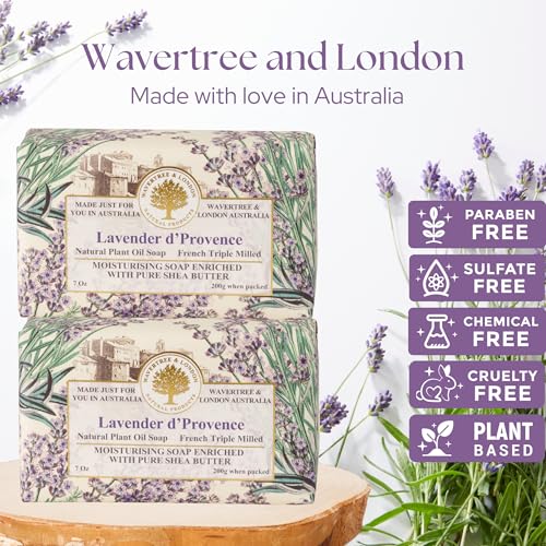Image of Wavertree & London Lavender Scented Natural Soap Bars (Pack of 2), 7oz Moisturizing French Triple Milled Soap Bars enriched with shea butter - Pure Plant Oil Bath & Body Bar for All Skin Types