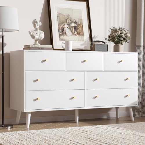 Image of SINROM® 55" White Dresser for Bedroom, 7 Drawer Dressers with Drawers and Gold Knobs, Dresser White and Gold Chests of Drawers