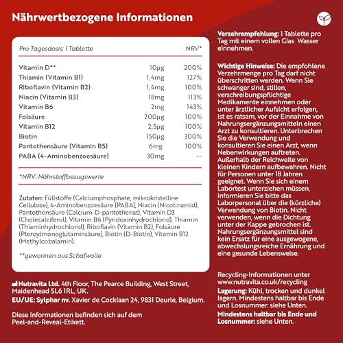 Vitamin B-Komplex - JAHRESVORRAT - Alle 8 B-Vitamine in 1 Tablette - Vitamin B1, B2, B3, B5, B6, B12, Biotin, Folsäure & Vitamin D3 - Premium: Mit aktiven Vitamin B-Formen - Hochdosiert
