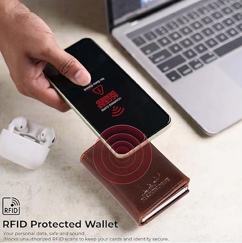 Image of BLACKTHORNE Wallet for Men | RFID Blocking Genuine Leather Pop-Up Card Holder | Slim Minimal Design with Aluminium Case Holds 6-8 Cards, Coin Pocket & Magnetic Closure (Brown)