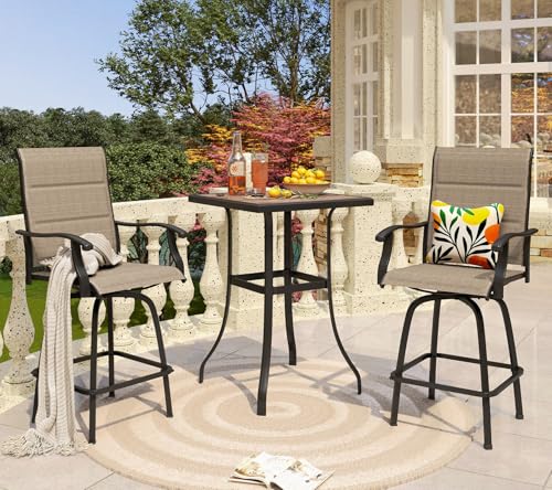 Image of PHI VILLA 3 Piece Outdoor Swivel Bar Stools Set, Bar Height Patio Set with 2 Padded Textilene Fabric Chairs, All-Weather High Top Patio Bistro Table and Chairs Furniture, Brown