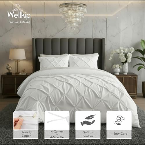 Image of Pinch Pleated Duvet Cover Set 1000TC 100% Cotton Premium 3-Pieces 1-Duvet Cover & 2-Pillow Cover Luxury Look Home and Hotel Zipper & 8-Tie Closure (White, Single 60 X 90 Inch)