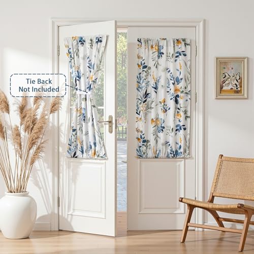 Image of MYSKY HOME Floral French Door Curtains 40 inch Long Set of 2 - Blackout Privacy Sidelight Door Window Drapes with Rod Pocket, Yellow and Blue, 24 inch W Each Panel