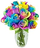 KaBloom Flowers - Easter Collection - Bouquet of 12 Fresh Rainbow Roses (Farm-Fresh, Long-Stem) with Vase - Gift for Birthday, Thank You, Valentine, Mother’s Day Fresh Flowers
