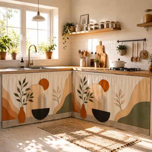 Image of Under Sink & Counter Curtain for Modular Kitchen - Printed Fabric Rod Pocket Hanging Skirt, Washable Under-Counter Cover, Pack of 2 Panels (Each Panel: 150 x 70 cm) (Bowl)