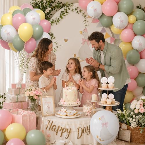 Image of Goose Balloons, 12 Inch Pink Green Yellow Goose Print Balloons for Farm Baby Shower Birthday Party Spring Supplies
