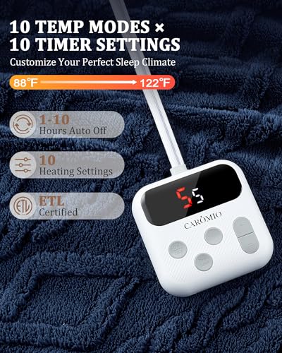 CAROMIO Electric Blanket Twin Size - Thick Tufted Sherpa Heated Blanket Twin with 10 Heating Levels and 10 Time Settings, ETL Certified Machine Washable Fast Heating Blanket Twin 62"×84", Navy Blue