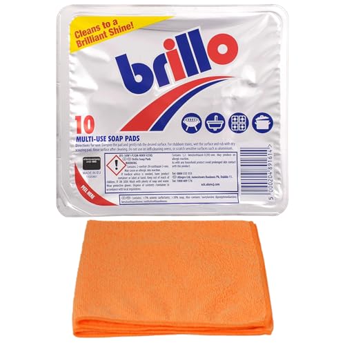 Topest Brillo Multi-use Soap Pads (10 Pads) - Household Cleaner - Effective for Cleaning Pots Pans Cookers - with Ultra Absorbent Microfibre Cleaning Cloth