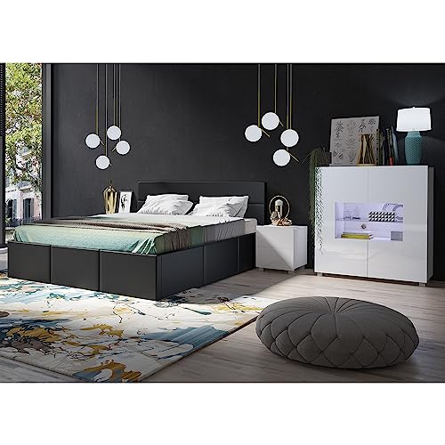 Lomadox Schlafzimmer Set 4-teilig mit Bett 160x200cm, 2 Nachttische, Highboard in weiß Hochglanz mit Kunstleder in Graphit Modern