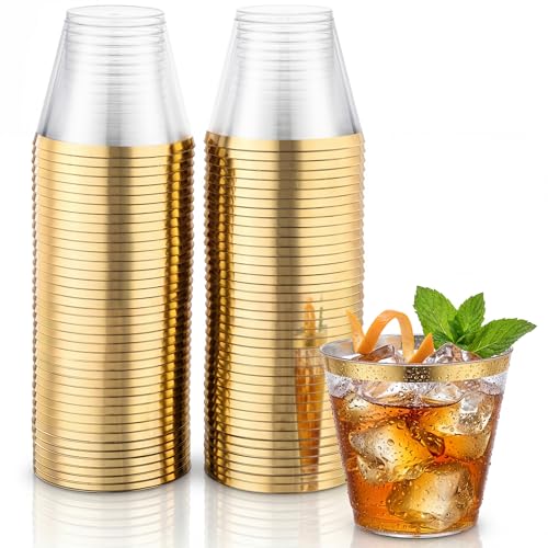 Hioasis 100Pcs 9OZ Clear Plastic Cups with Gold Trim - Plastic Disposable Cups Heavy Duty & BPA-free for Party Wedding Celebrations