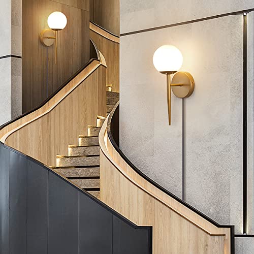 Image of BOKT Mid Century Modern Globe Wall Sconce Set of Two Plug in Cord Brushed Gold Bathroom Wall Sconce Light Set of 2 Plug in Frosted White Glass Bedroom Plug in Wall Lamp (White)