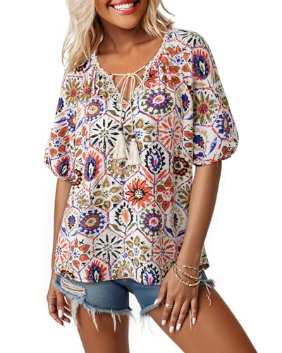 Vivilli Womens Summer Boho Tops Casual V Neck Short Sleeve Blouses Floral Print Shirt Tie Front Flowy Vacation Clothes3