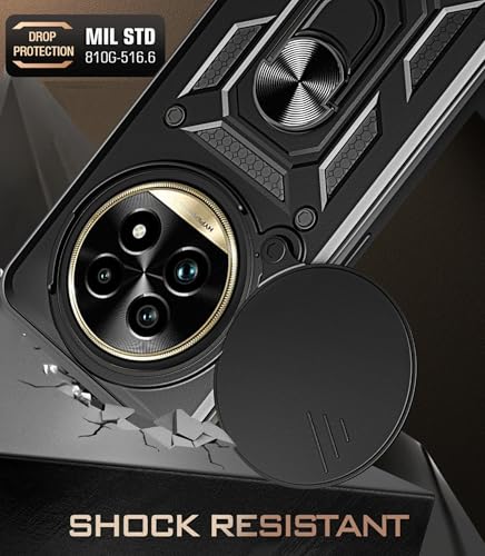 Image of SPAZY CASE Realme 13 Pro 5G / 13 Pro Plus 5G Back Cover | Heavy Duty Hybrid Case with 360 Degree Rotating Finger Ring Holder + Slider Shutter Camera Protection Case - Black