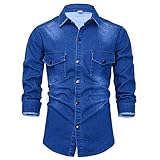 Jablon Men's Denim Shirt Button Down Jean Shirts Long Sleeve Casual Slim Fit Washed Denim with Chest Pockets,Dark Blue,Medium