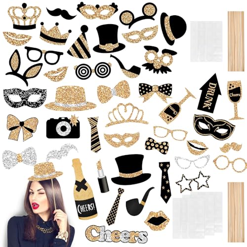 MININUSI 30 Pcs Foto Props de Fiesta Boda Accesorios Photocall Dorado Cosas para El Photocall Gafas Photocall Accesorios Fotomaton Cumpleaños Articulos para Photocall Boda Comunion + Palo, Adhesivos