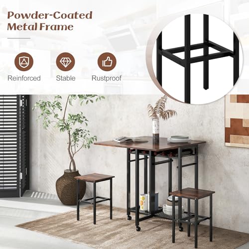 COSTWAY 3 Piece Dining Table Set, Kitchen Table and 2 Folding Chairs with Storage Shelves, Anti-Toppling Device & Large Base, Metal Frame Bar Table Set for Kitchen Dining Room (Rustic Brown) 8 COSTWAY 3 Piece Dining Table Set, Kitchen Table and 2 Folding Chairs with Storage Shelves, Anti-Toppling Device & Large Base, Metal Frame Bar Table Set for Kitchen Dining Room (Rustic Brown) - Image 8