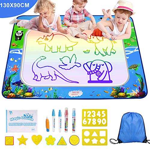 Guenx Tapis de Dessin à Eau, 130*90cm Dessin Enfant, Plusieurs Couleurs Tapis Aquadoodle 5 Stylos 8 Moules 1 Livret de Dessin 1 Sac Shopping écologique, Jouets éducatifs & Cadeau Génial pour Enfants