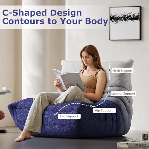 Image of Bean Bag Chair, Cozy Memory Foam Bean Bag Chairs for Adults, Comfy Fireside Accent Chair Lazy Floor Chair for Gaming Bedroom Living Room (White&Blue, Single)