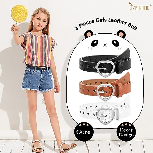 JASGOOD 3 Pack Kids Belts for Girls Heart Buckle Leather Girls Belt Hollow Waist Belt for Jeans Pants2