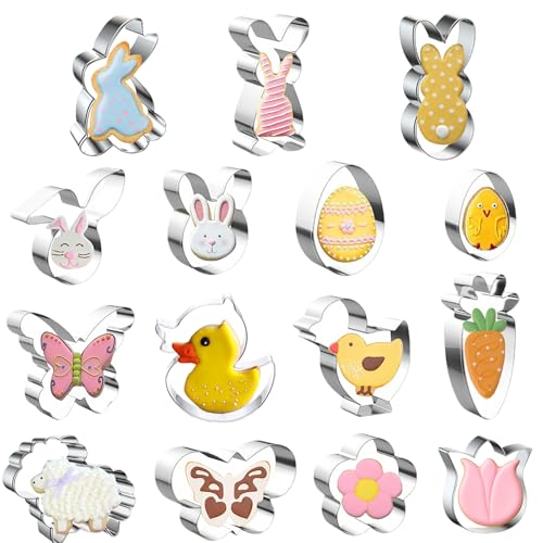 XIAOGUA 15 Pièces Emporte Piece Paques Biscuit en Acier Inoxydable Emporte-pièces pour Tarte Sucre Moule Biscuits Cookie Motifs: Lapin Oeufs Pâques Poussin...