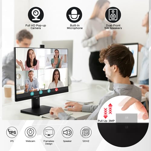 Image of SKitphrati 23.8 inch 1080P IPS 120Hz Monitor for Business & Gaming - Built-in Adjustable 3MP Webcam, Mic Array, Dual Speakers, Frameless, Eye Care, HDMI /DP /VGA /USB