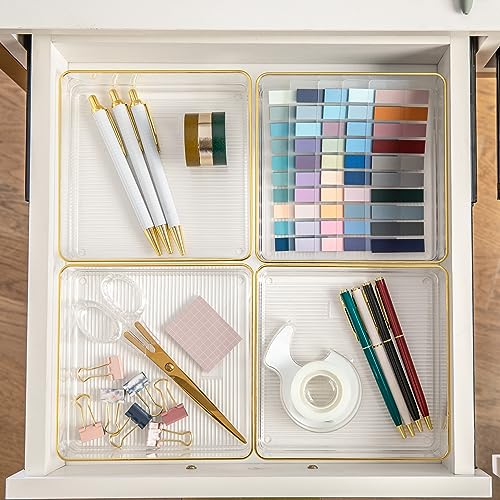 Image of Martha Stewart Kerry Plastic Stackable Office Desk Drawer Organizers, 6 inch x 6 inch, 4 Pack, with Gold Trim