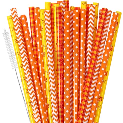 JANYUN 30 Pieces Fall Straws, 9inch Hard Platic Reusable Thanksgiving Drinking Straws Autumn Maple Leaf Pumpkin Straw for Family Party Favors Supplies Cleaning Brush (Orange & Yellow) JANYUN 30 Pieces Fall Straws, 9inch Hard Platic Reusable Thanksgiving Drinking Straws Autumn Maple Leaf Pumpkin Straw for Family Party Favors Supplies Cleaning Brush (Orange & Yellow)