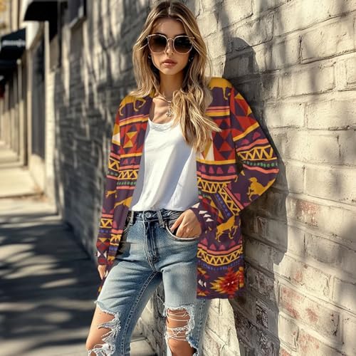 Image of Women's Aztec Open-Front Jacket Lightweight Casual Outerwear Native Western Aztec Pattern & Plaid Houndstooth Print