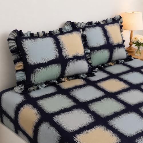 Image of 380 TC Premium Glace Cotton Elastic Fitted Bedsheet King Size with 2 Pillow Covers King Size | Double Bed with All Around Elastic (Blue Box, Fitted - 72 inchx78 inch King)
