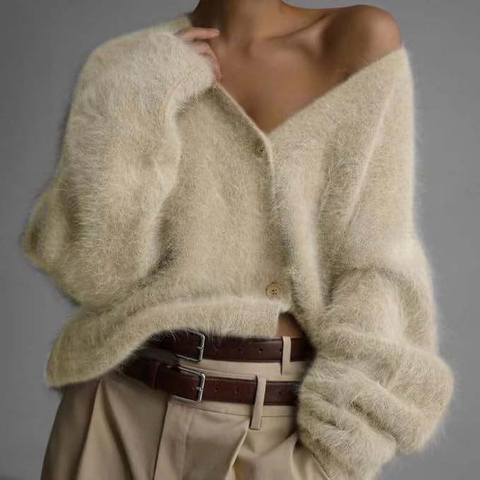 Image of Womens Fuzzy Sweaters Cardigan V-Neck Button Down Oversized Mohair Sweater Casual Y2k 2026 Fall Winter