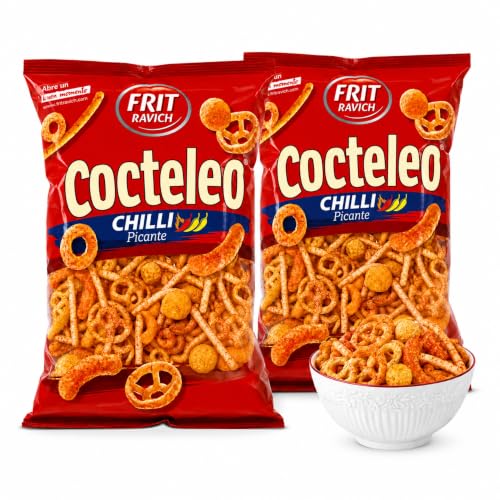 Cocteleo Snacks Chilli picante Frit Ravich, Coctel de aperitivos, Con un sabor sabor picante, Aptas para vegetarianos, Contiene Gluten y leche, Producto Español, Contiene 2 Bolsas de 100 gr