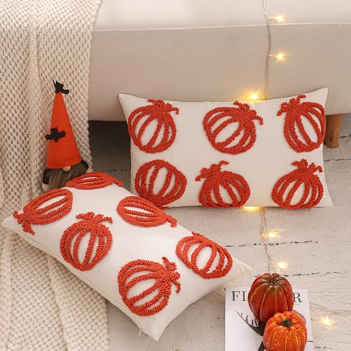 Tosleo Halloween Throw Pillow Covers 12x20 inch Set of 2 Halloween Orange Hollowed-Out Pumpkins Embroidered Pillow Cases Thanksgiving Home Party Pumpkin Fall Decor Pillowcases Lumbar Cushion Covers