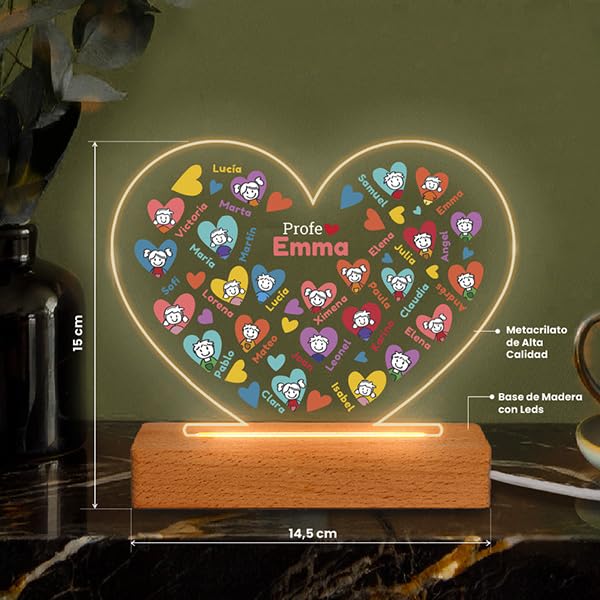 Transparent Gift Lámparas Personalizadas Corazones con Muñecos. Regalos Originales para Profesores. Lámpara Decorativa para Maestras. Regalos Personalizados Fin de Curso. Regalos para Hombre y Mujer.