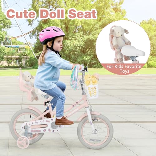 Image of Olakids Kids Bike, 12 14 16 18 20 Inch Girls Bicycle with Doll Seat Basket Adjustable Seat and Handlebar, Handbrake and Coaster Brake