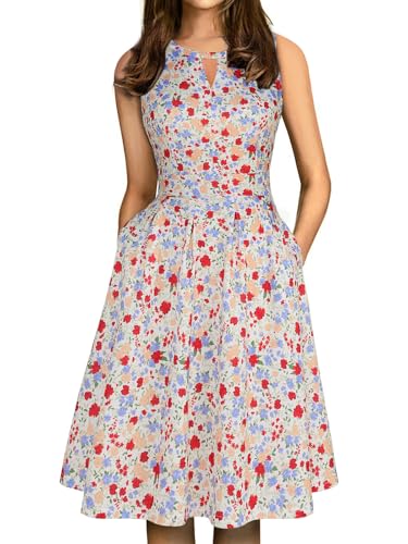 Image of Sureple Women's Retro Sleeveless Swing Casual Work Summer Party Dress with Pockets