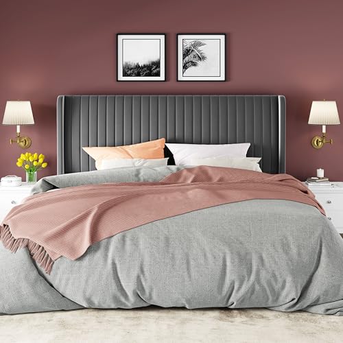 Image of Allewie King Size Velvet Bed Frame /Vertical Channel Tufted Wingback Headboard /Upholstered Platform Bed /No Box Spring Needed /Strong Wooden Slats /Easy Assembly /Grey